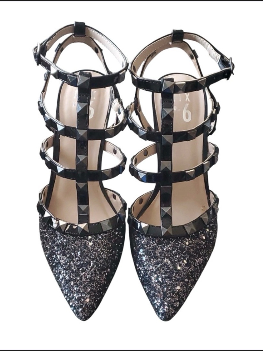 Mix No. 6 Liraven Pewte Glitter Studded T-Strap Pointed Heels Size 8